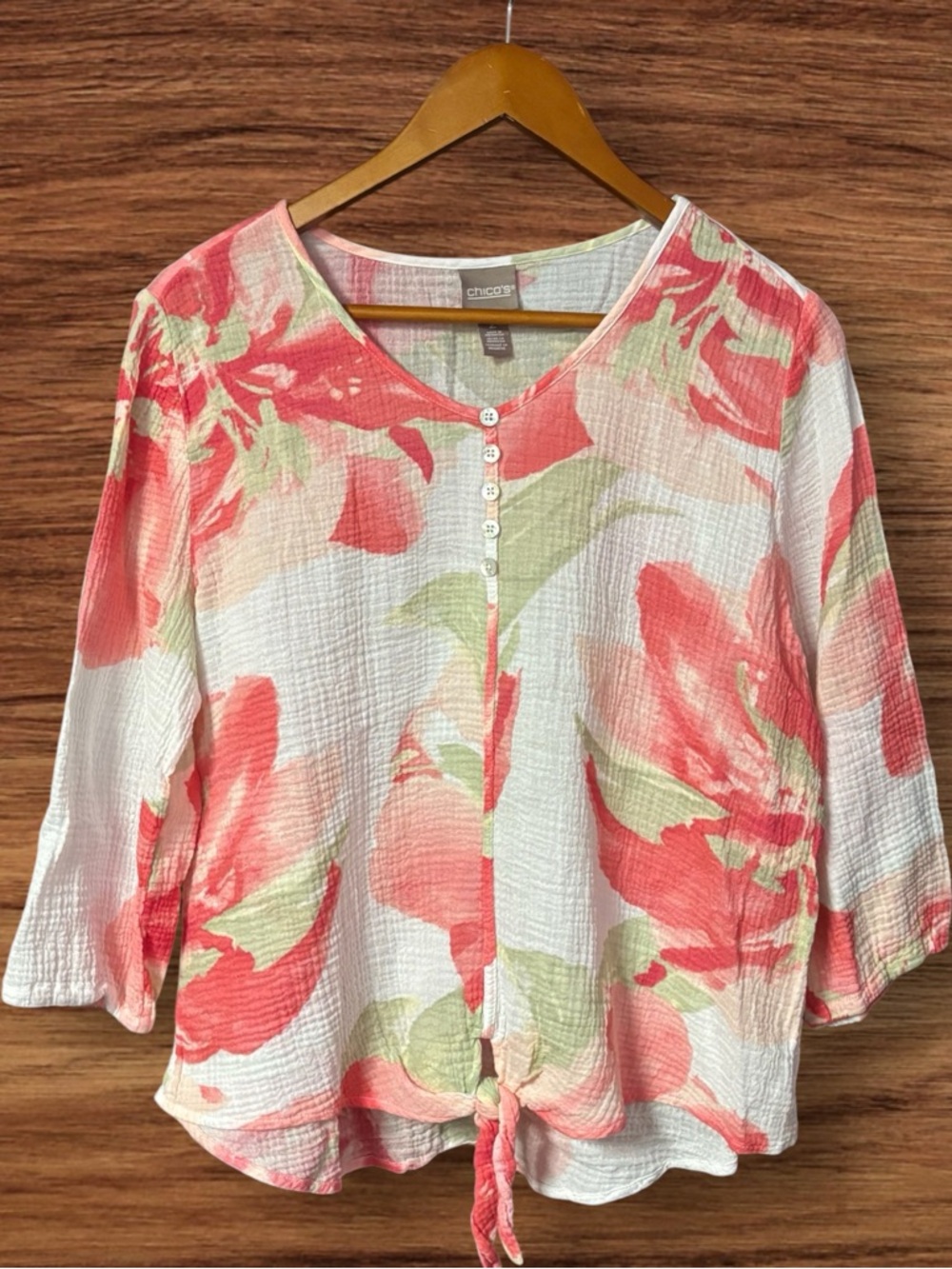 Chico's Coral and Cream Floral Tie-Front Blouse